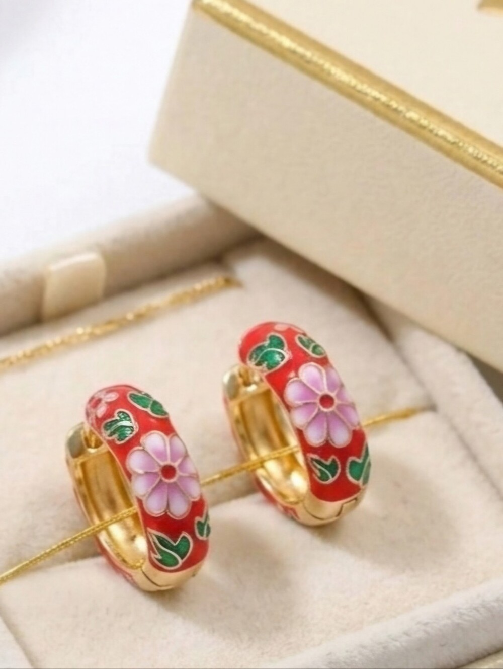 Enamel Floral Red and Gold Hoop Earrings